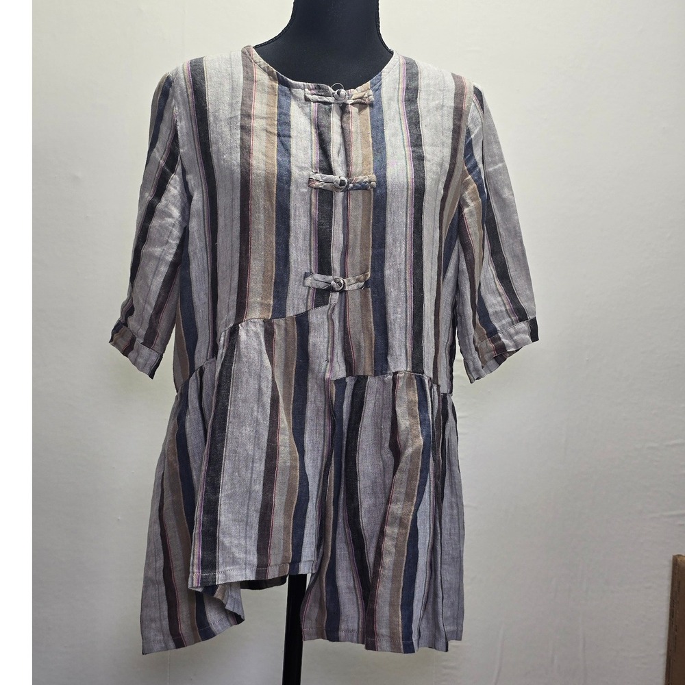 Womens Tunic Top Striped Boho Frog Closure Asymmetrical 3/4 sleeves Lightweight